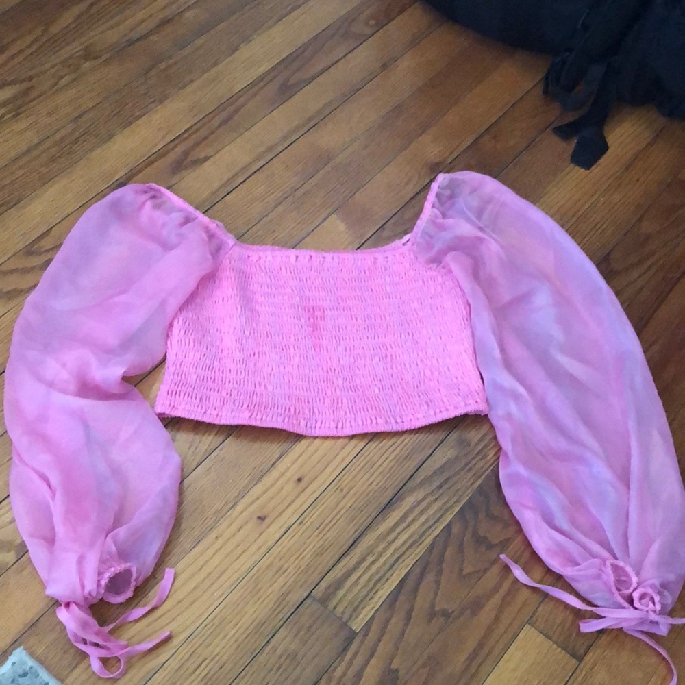 Pink iridescent crop top with off the shoulder sleeves